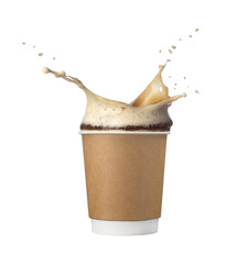 paper cup with foam splash of cappuccino coffee isolated on white background