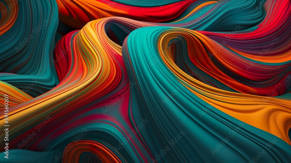 Leinwandbilder Abstract background with mix colorful acrylic painted waves texture with lines in wavy folds. Liquid ink with color stripes modern wallpaper. Horizontal illustration for banner design. Generative AI.
