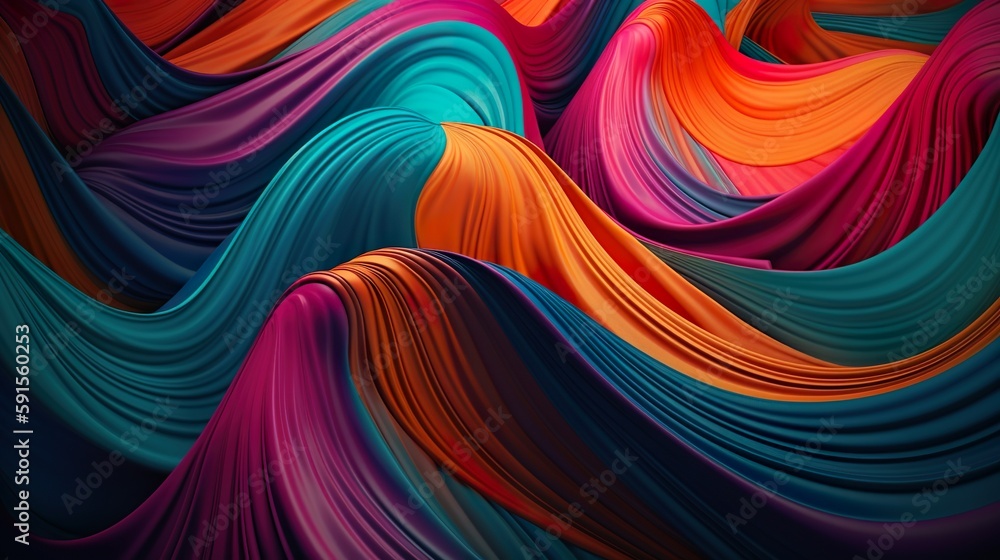 Poster Abstract background with acrylic painted waves texture with colorful soft surface and curved lines. Ink with color stripes modern wallpaper. Horizontal illustration for banner design. Generative AI.