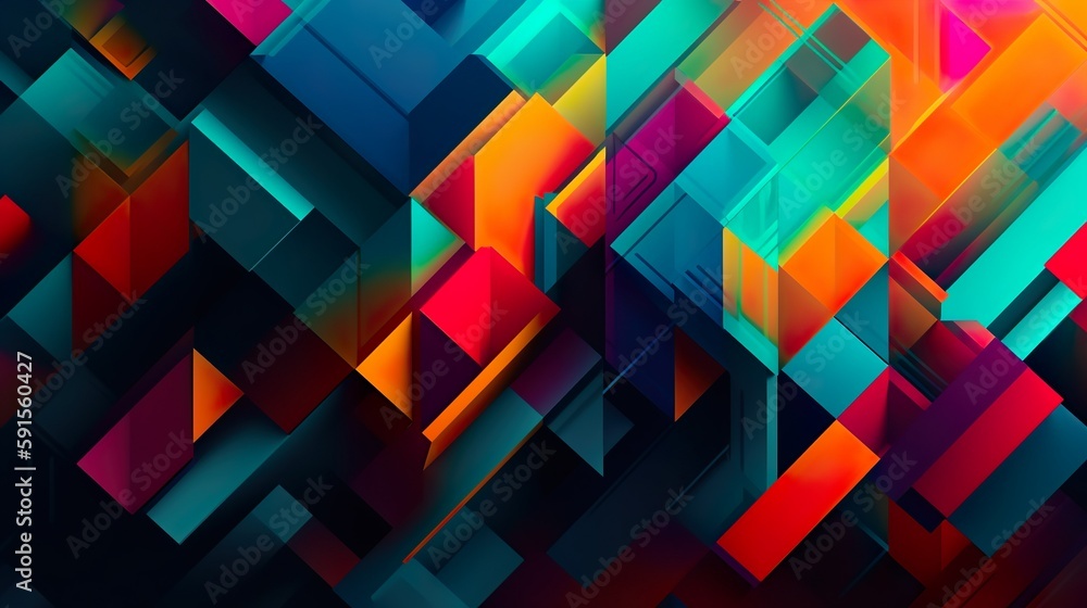 Aufkleber Abstract background with colorful geometric print of squares, triangles and other repeating vibrating shapes. Bright geometry wallpaper. Horizontal illustration for banner design. Generative AI.