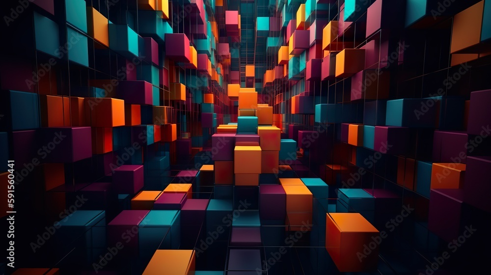 Poster Abstract background with colorful geometric print of 3d cubes inside space in perspective. Bright geometry wallpaper with dynamic effect. Horizontal illustration for banner design. Generative AI.
