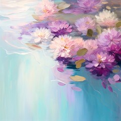 Colorful flowers float gracefully in a serene and tranquil pool of water by Generative AI