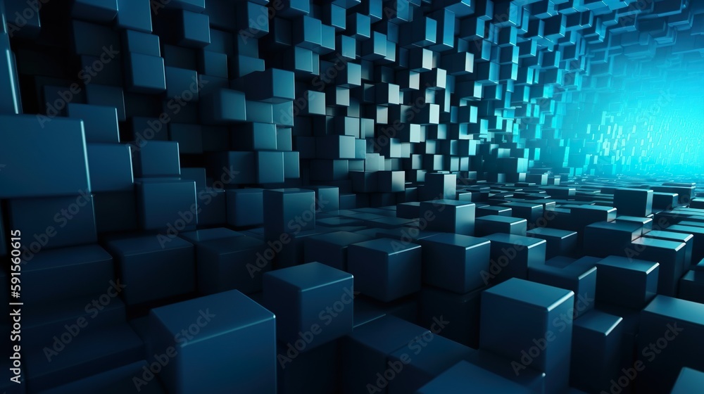Aufkleber Abstract background with dark blue geometric print of 3d cubes inside space in perspective. Minimal geometry wallpaper with dynamic effect. Horizontal illustration for banner design. Generative AI.