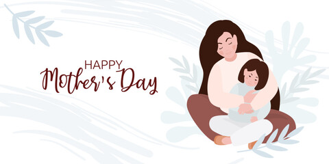 Landing page with Young woman hugging her daughter. Banner about Happy mother's day concept mom and little girl. Mother and child. Vector illustration.