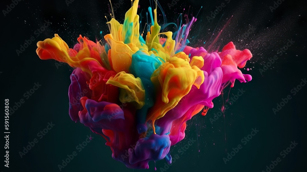 Aufkleber Abstract background with rainbow powder explosion with splashing drops. Bright wallpaper with dust explode effect for holi holiday template. Horizontal illustration for banner design. Generative AI.
