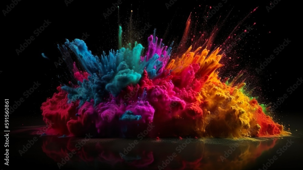 Aufkleber Abstract background with powder explosion of rainbow colors dust with splashing drops. Bright wallpaper with colorful bomb blast effect. Horizontal illustration for banner design. Generative AI.