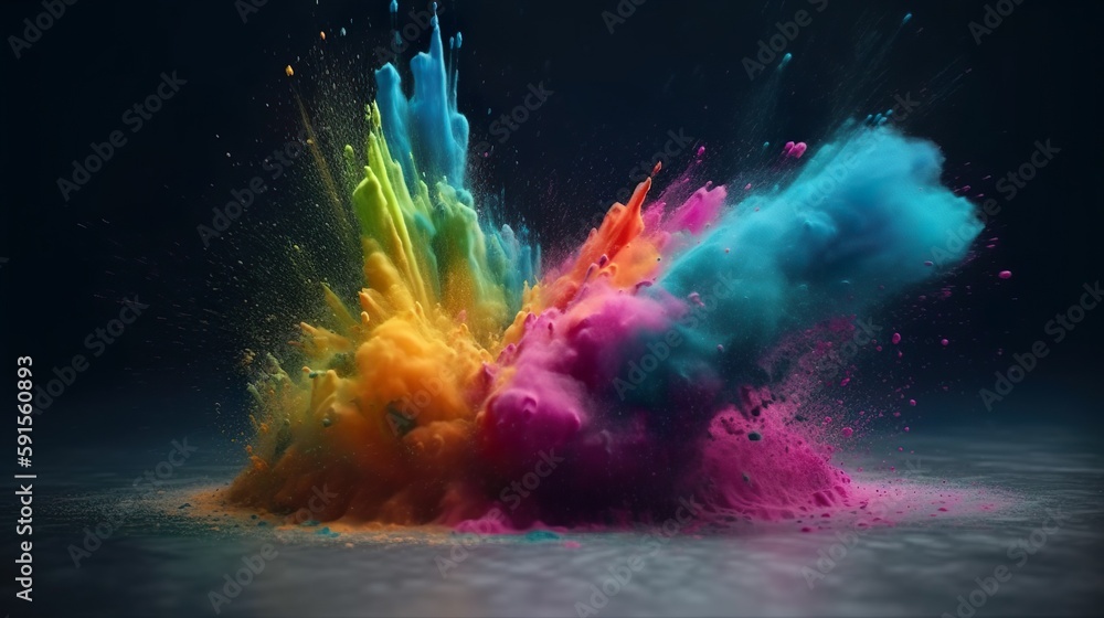 Poster Abstract background with powder explosion of rainbow colors. Dust explode with splashing drops. Bright wallpaper with holi bomb blast effect. Horizontal illustration for banner design. Generative AI.
