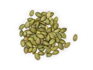Pumpkin seeds isolated on a white background, top view.