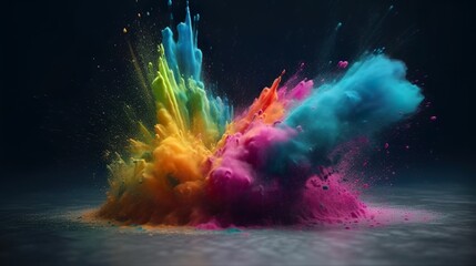 Fototapeta na wymiar Abstract background with powder explosion of rainbow colors. Dust explode with splashing drops. Bright wallpaper with holi bomb blast effect. Horizontal illustration for banner design. Generative AI.