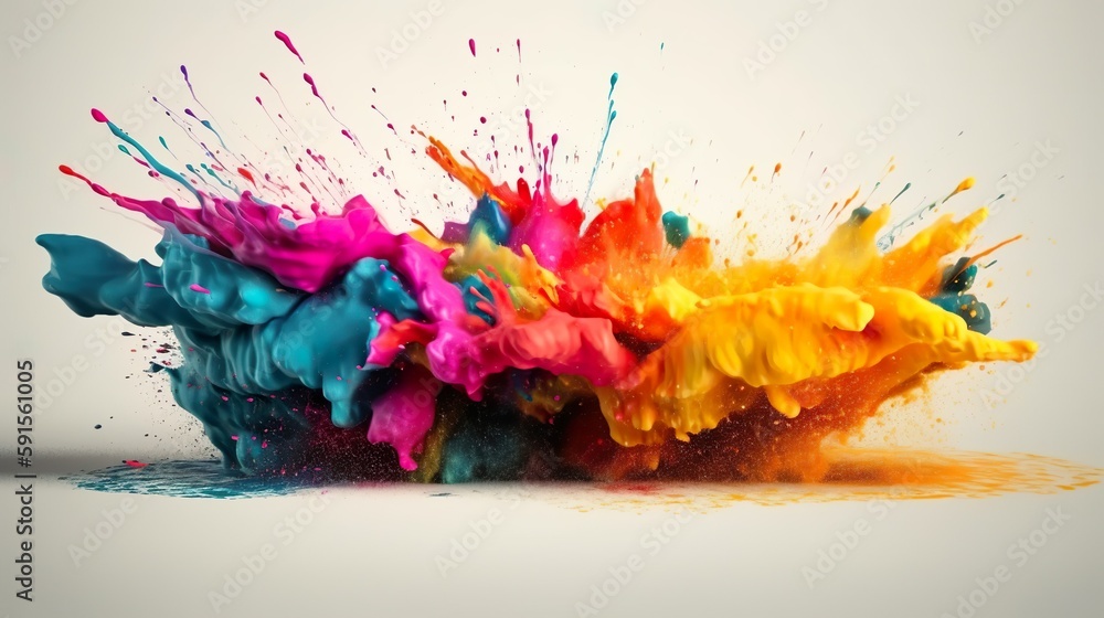 Aufkleber Abstract background with wet rainbow colors explosion. Paint blast with splashing drops. Bright wallpaper with dynamic liquid motion effect. Horizontal illustration for banner design. Generative AI.