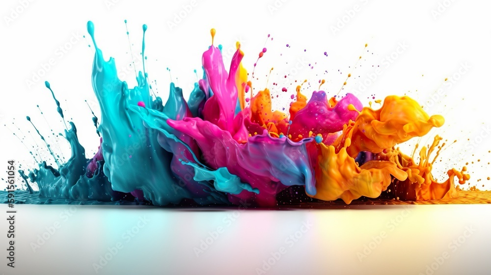 Poster Abstract background with colorful wet explosion of artistic paint with splashing drops. Bright wallpaper with dynamic liquid motion effect. Horizontal illustration for banner design. Generative AI.