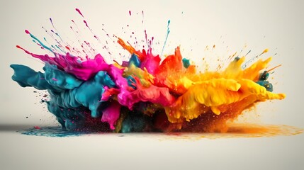 Fototapeta na wymiar Abstract background with wet rainbow colors explosion. Paint blast with splashing drops. Bright wallpaper with dynamic liquid motion effect. Horizontal illustration for banner design. Generative AI.