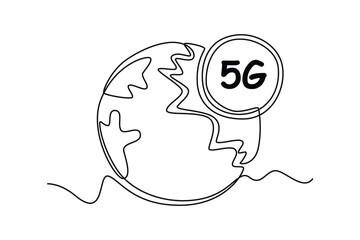 Continuous one line drawing global 5g network. High-speed mobile Internet. 5G technology concept. Single line draw design vector graphic illustration.
