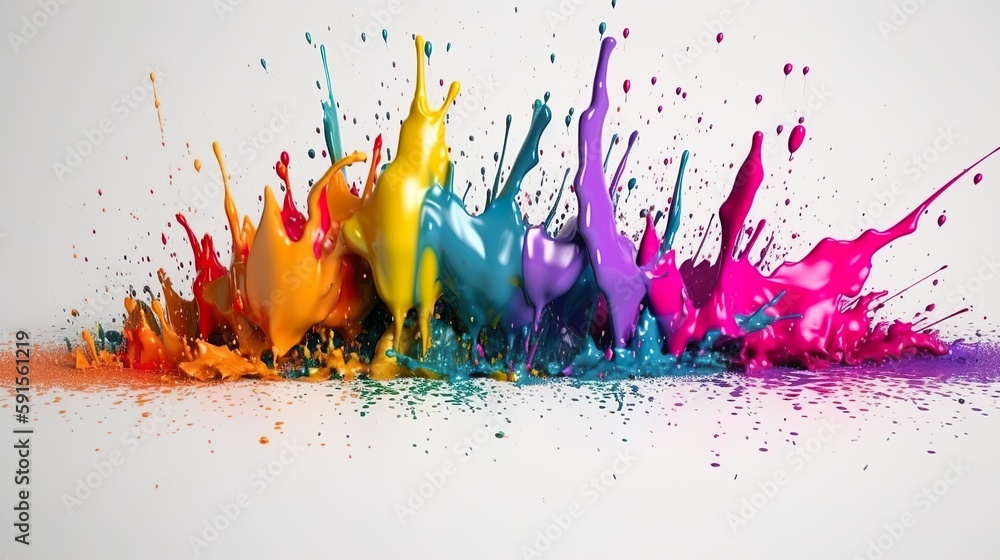Poster Abstract background with colorful acrylic paint explosion with splashing drops. Dynamic liquid motion and spray effect wallpaper template. Horizontal illustration for banner design. Generative AI.