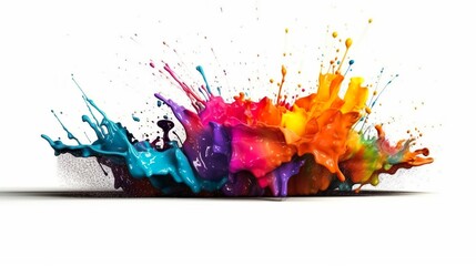 Fototapeta na wymiar Abstract background with colorful acrylic paint explosion and liquid motion with splashing drops. Blast with spray effect wallpaper template. Horizontal illustration for banner design. Generative AI.