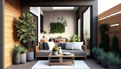 Backyard outdoor contemporary lounge. There are plants, a wooden table and wall, plus a sofa, armchair, and lanterns in the terrace house for house advertising and background Generative AI