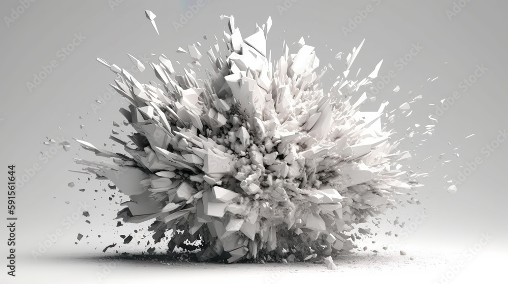 Leinwandbilder Abstract background with white round shapes explosion of concrete material. Crash of stone with flying fragments, pieces and sharp particles. Horizontal illustration for banner design. Generative AI.
