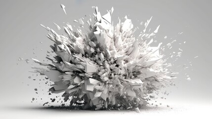 Abstract background with white round shapes explosion of concrete material. Crash of stone with flying fragments, pieces and sharp particles. Horizontal illustration for banner design. Generative AI.