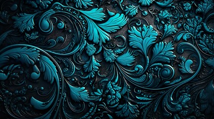 Abstract background with dark blue copper floral ornament with flowing curved leaves. Luxury wallpaper with foliage print and metallic effect. Horizontal illustration for banner design. Generative AI.