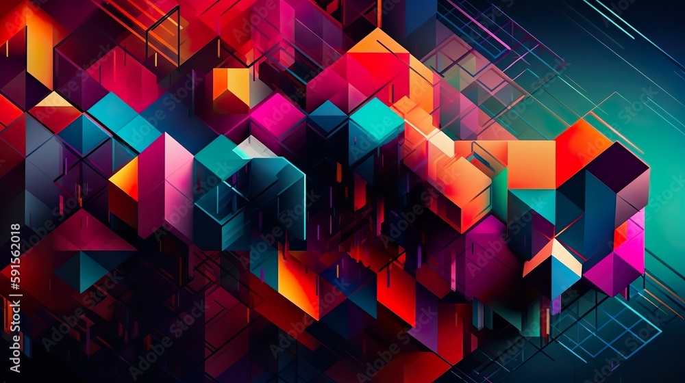 Aufkleber Abstract background with colorful mosaic geometric print of repeating shapes. Vibrating geometry wallpaper with rectangles, lines, rhombus. Horizontal illustration for banner design. Generative AI.