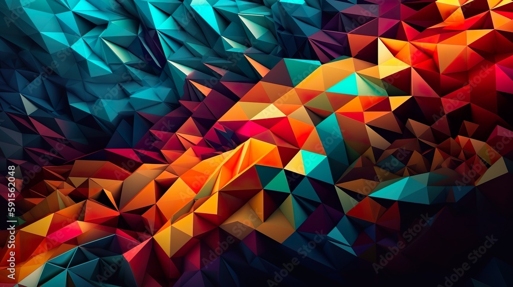 Poster Abstract background with colorful geometric print. Vibrating geometry wallpaper with repeat sharps rectangles, triangles and other crystals. Horizontal illustration for banner design. Generative AI.