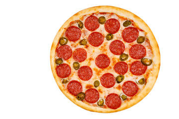 pepperoni pizza with jalapeno peppers on white background for online restaurant menu top view