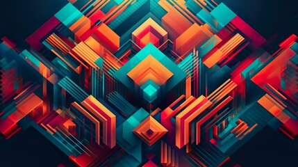 Abstract background with colorful symmetric geometric print. Vibrating geometry wallpaper with composition of repeat rectangles and lines. Horizontal illustration for banner design. Generative AI.
