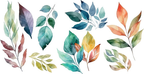 Vector Watercolor set of branches with colorful leaves, for wedding invitations, greetings, wallpapers, fashion, prints. Eucalyptus, olive green leaves.	