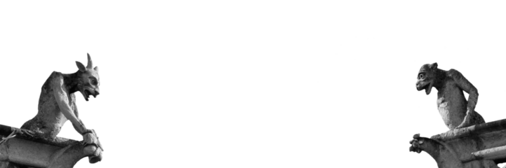 Two gargoyles of Notre Dame de Paris isolated on transparent panoramic background, Paris black and white web banner, png file