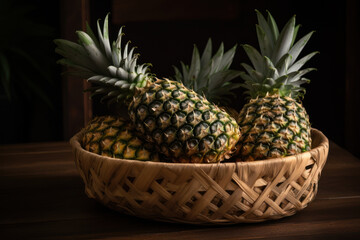 Pineapple, ananas, pineapples in a basket, fruit basket, generative ai, Fresh tasty fruit