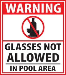 Glasses not allowed in pool area warning sign vector eps