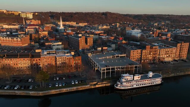 Aerial view of downtown Troy, New York and Hudson River at sunset - 2