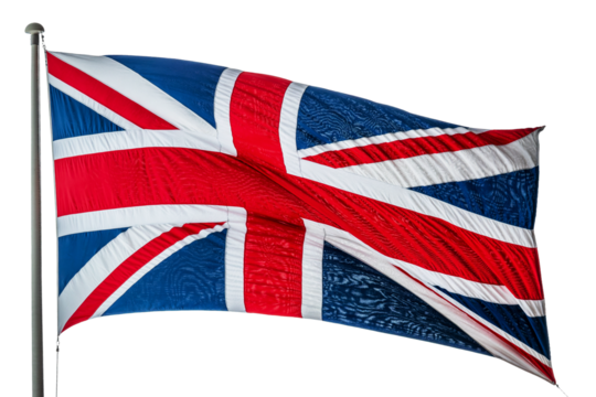 Photo of a British UK flag on a pole floating in the wind isolated on transparent background, png file - Powered by Adobe