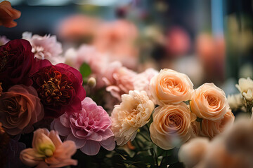 Flowers on display in a store or market setting