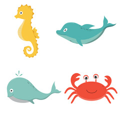 A set of sea animals in cartoon style. Vector set of seahorse, crab, dolphin and whale. Children's illustration.
