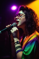 Girl singing with a microphone, stage lights, colorful (IA generated)