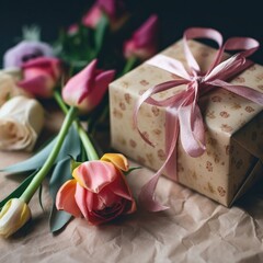 gift box with tulips and ribbon