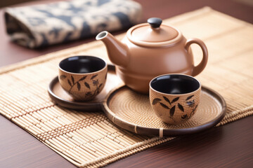 Obraz na płótnie Canvas Asian tea set. Japanese teapot and cups on a bamboo tray. Generative AI