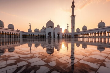 Fototapeta premium Abu Dhabi, UAE, Sheikh Zayed Grand Mosque in the Abu Dhabi, United Arab Emirates on a sunset. Generative AI