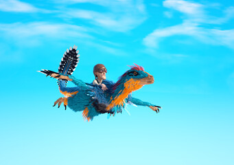 Fototapeta premium Man flies on a deinonychus.