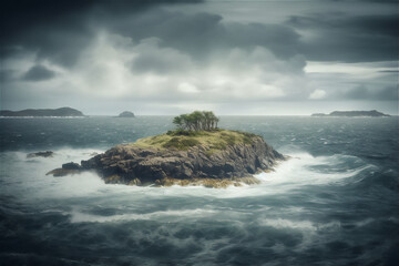 cyclone landscape with island at the horizon, generative ai