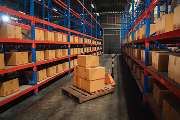 Interior warehouse storage and cardboard boxes against boxes on pallet.