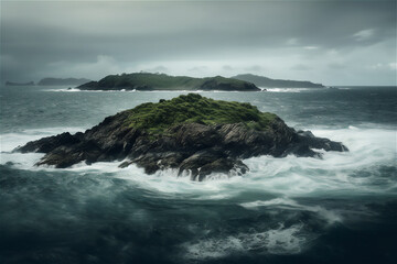 waves crashing on rocks, cyclone landscape with island at the horizon, generative ai