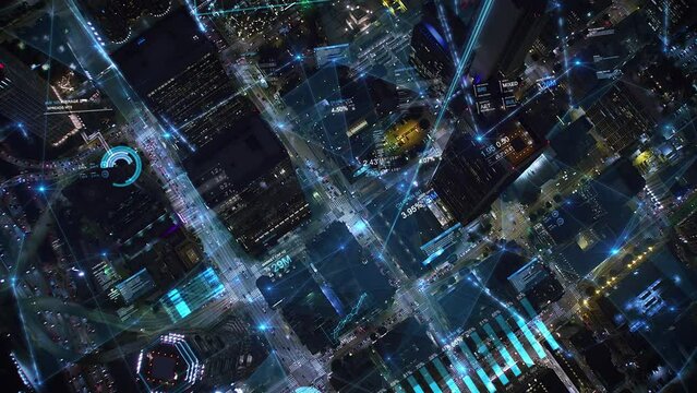 Business, Financial and Communication Network on Aerial Overhead Futuristic City. Augmented Reality Science And Technology Holographic Smart Cyber City. Financial District With Charts And Data. 