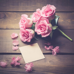 pink roses on a wooden background