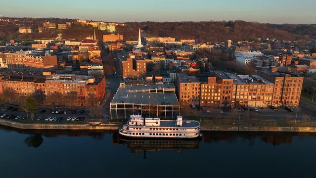 Aerial view of downtown Troy, New York and Hudson River at sunset - 3