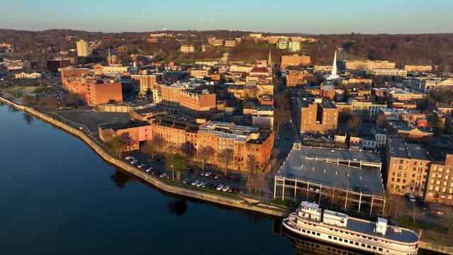 Aerial view of downtown Troy, New York and Hudson River at sunset - 4