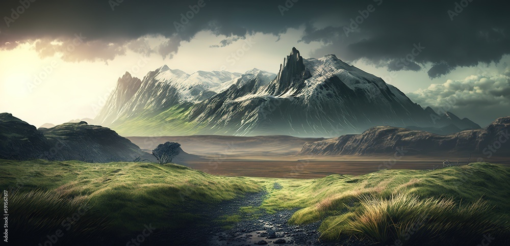 Poster there is a simple landscape with beautiful green grass and foreboding mountains in the backdrop at s