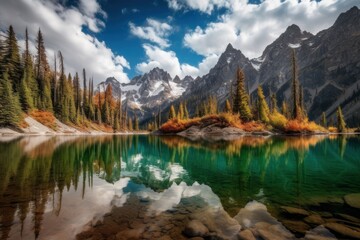 Fototapeta na wymiar Gran Teton National Park, a stunning wilderness of majestic mountains, mirrored lakes, lush forests, and misty views, with generative AI technology