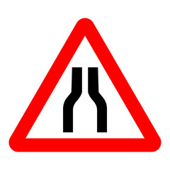 Traffic Sign. Warning Narrow Road Ahead on white background.